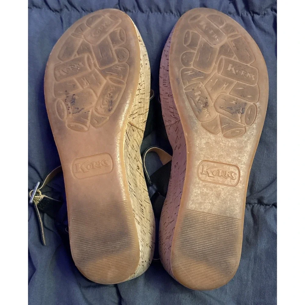 Korks Black Leather Cork Wedge Sandals Size 7M